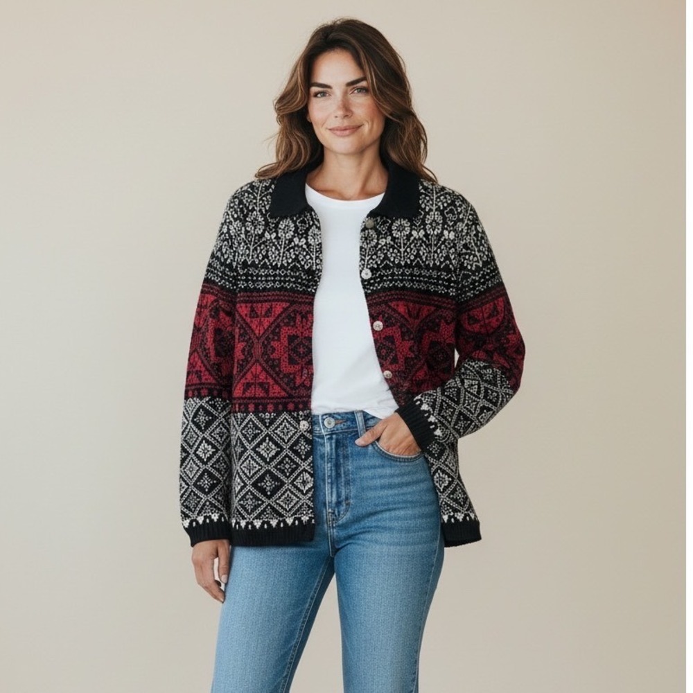 Pendleton Originals Wool Cardigan Sweater Red Black Fair Isle Polo Collar Large
